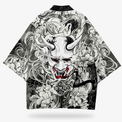 Chaqueta Kimono Haori con estampado de máscara oni en la espalda