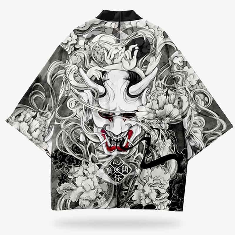 Chaqueta Kimono Haori con estampado de máscara oni en la espalda