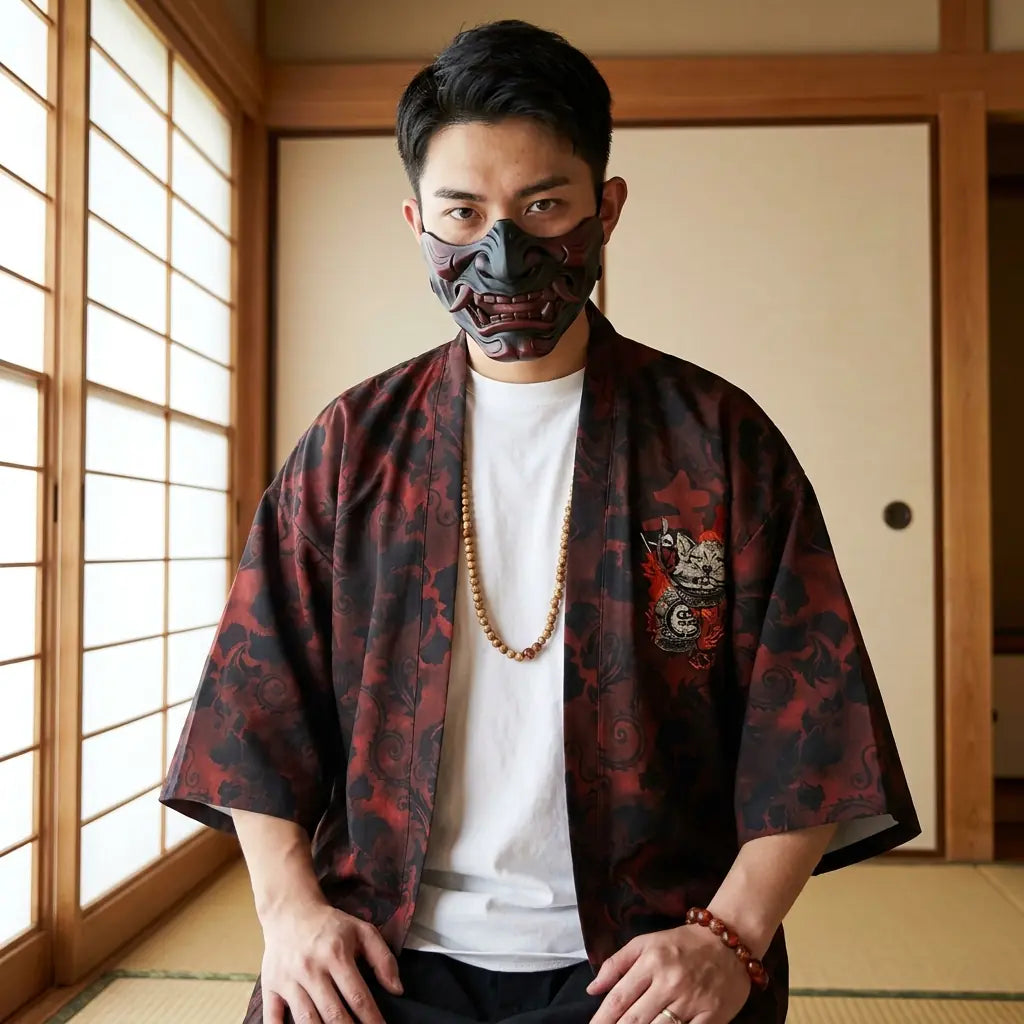 Hombre luciendo una chaqueta haori en una habitación washitsu japonesa con paneles shoji, vista frontal hasta la cintura
