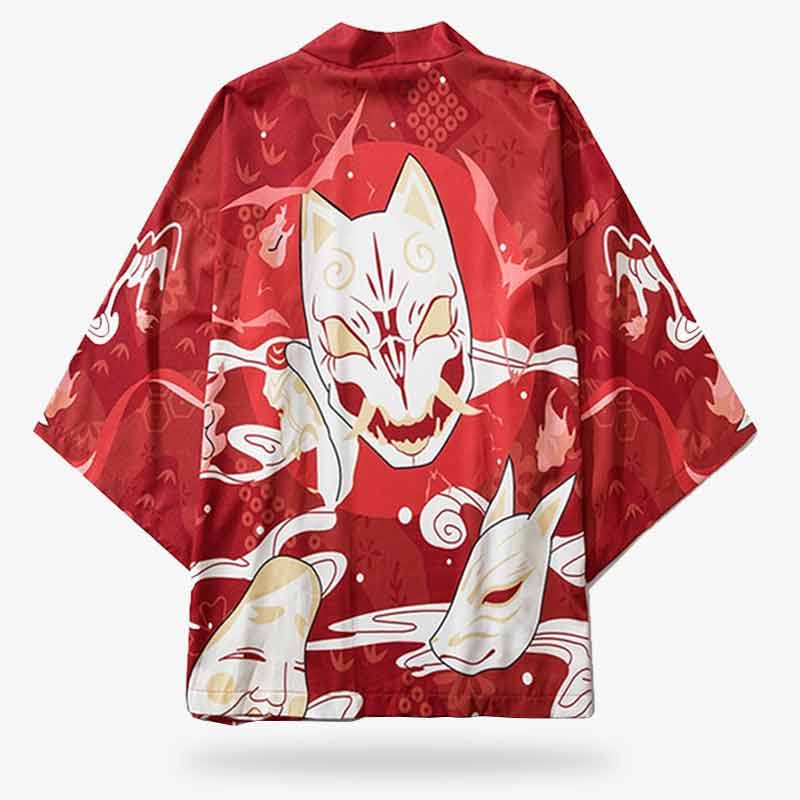 El haori kitsune moderno combina el estampado tradicional de la máscara japonesa con un diseño contemporáneo