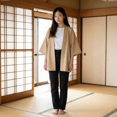 Haori mujer beige de estilo japonés sobre tatami