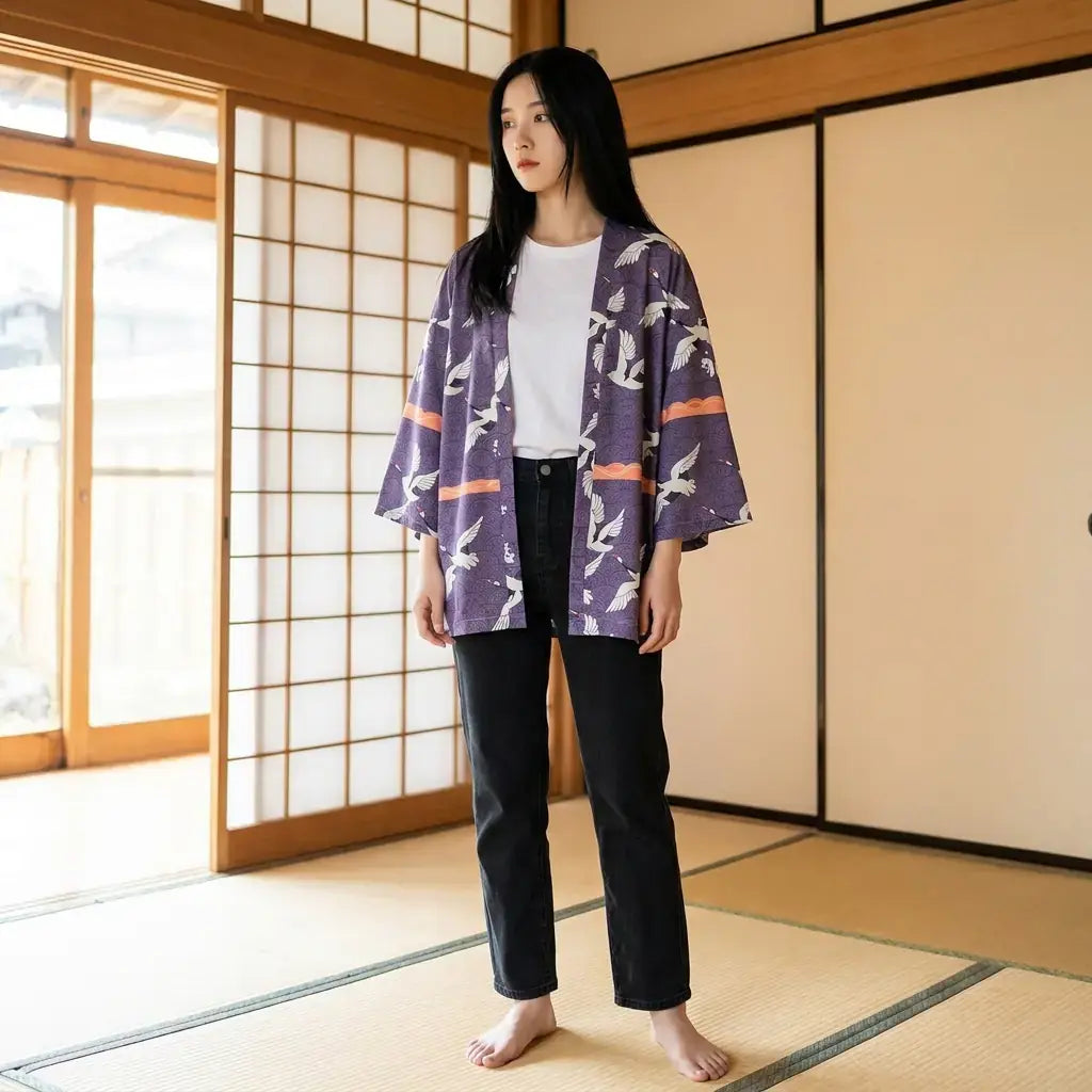 Haori Tokyo llevado por una mujer en una habitación japonesa tradicional