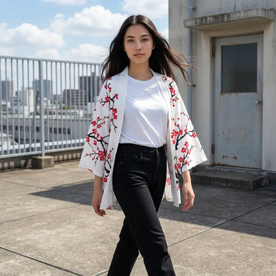 Haori blanco de flor de cerezo fotografiado en pleno paso sobre una terraza urbana