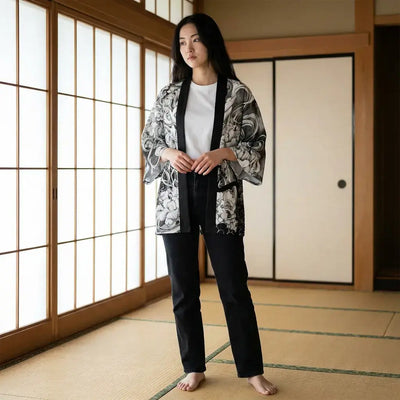 Chaqueta Kimono Haori llevado por una mujer en una habitación japonesa tradicional