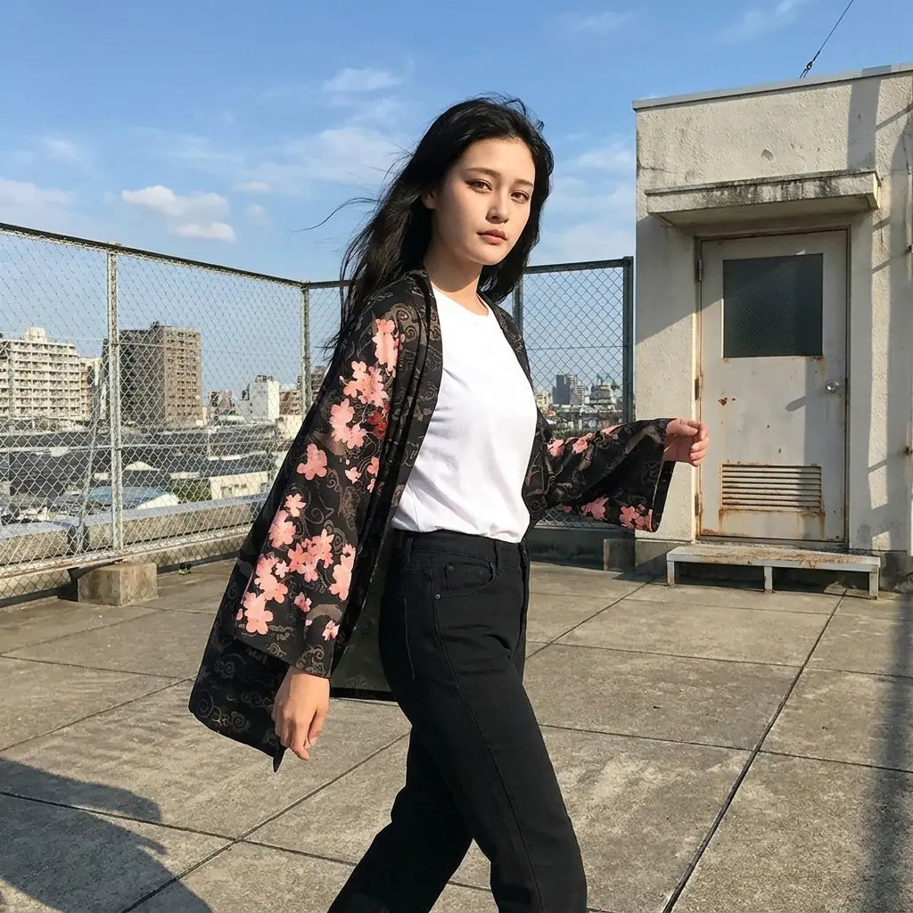 Haori rojo con bordado de dragón fotografiado en una terraza urbana