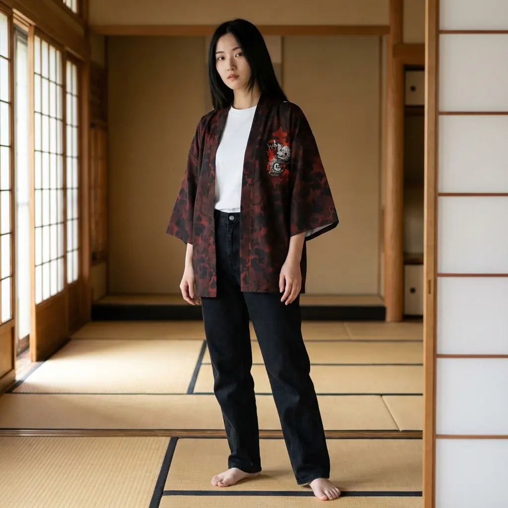Mujer luciendo una chaqueta haori en una habitación washitsu con tatami y paneles shoji