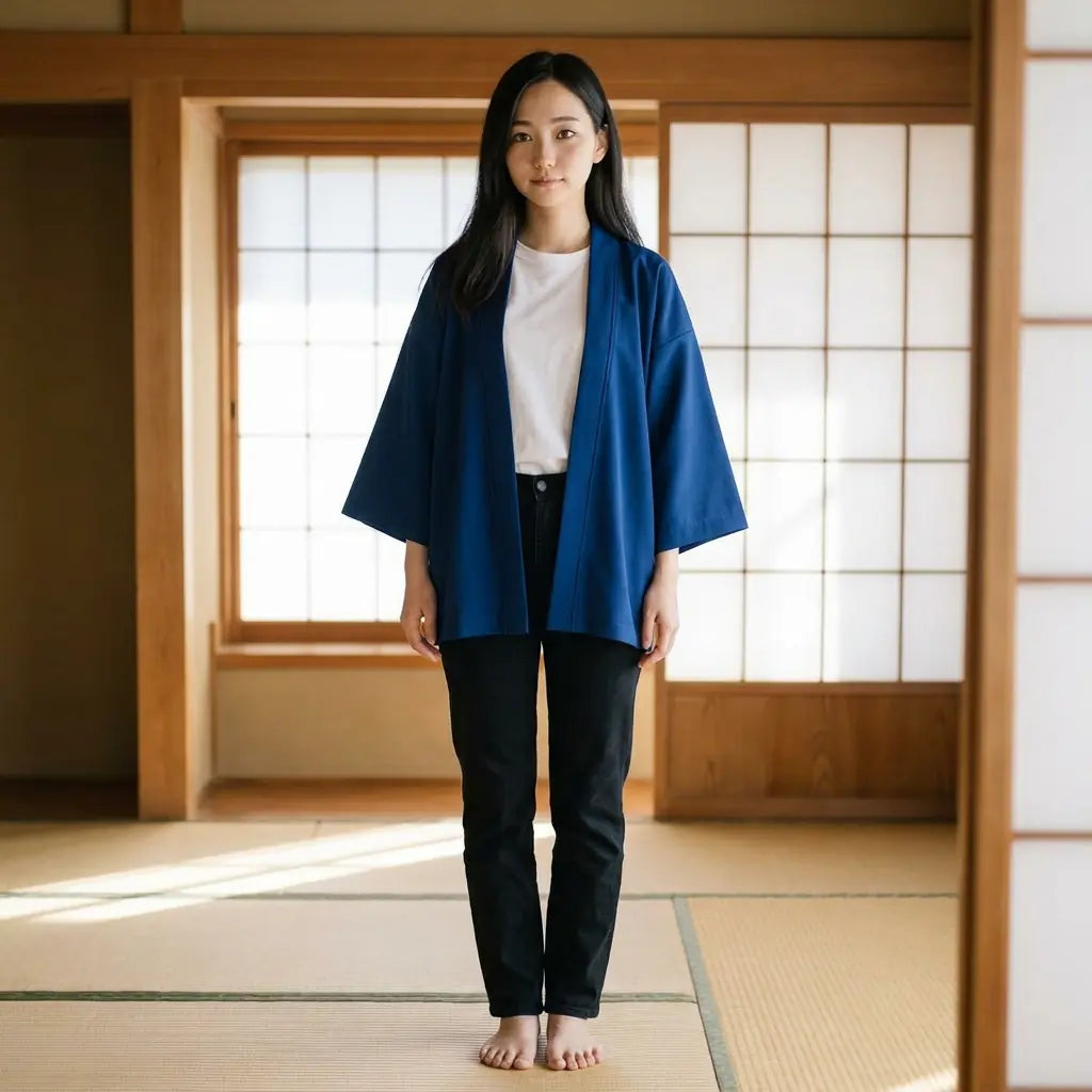 Haori mujer en azul índigo, llevado descalza sobre tatami con camiseta blanca y vaqueros negros