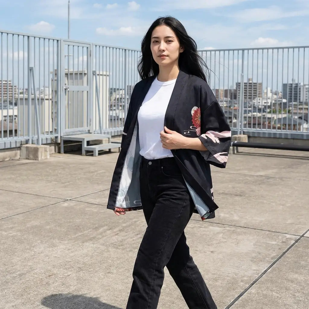 Haori negro con arte japonés llevado abierto sobre una camiseta blanca en una azotea urbana