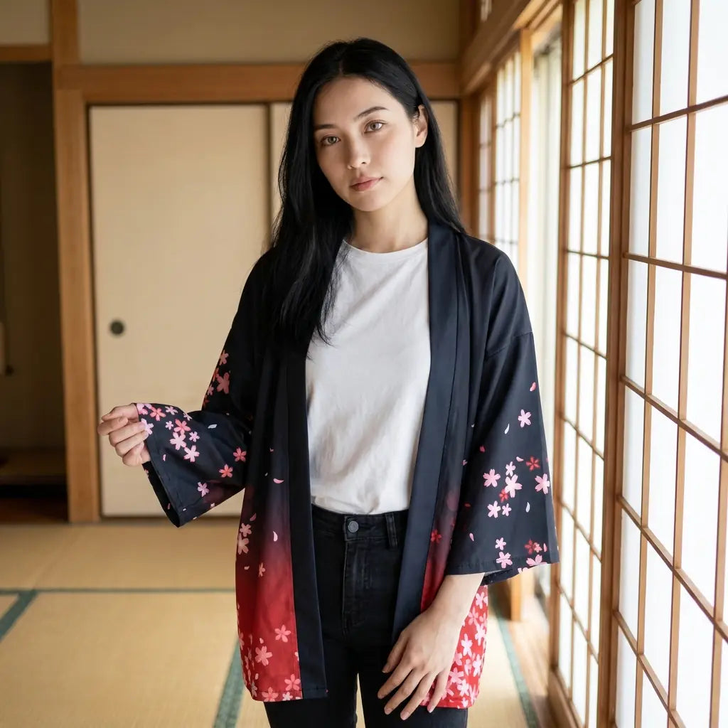 Haori negro estampado flores