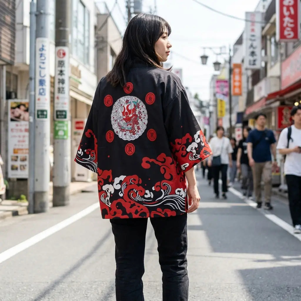 Mujer vista de espaldas con un haori negro en una calle de Harajuku