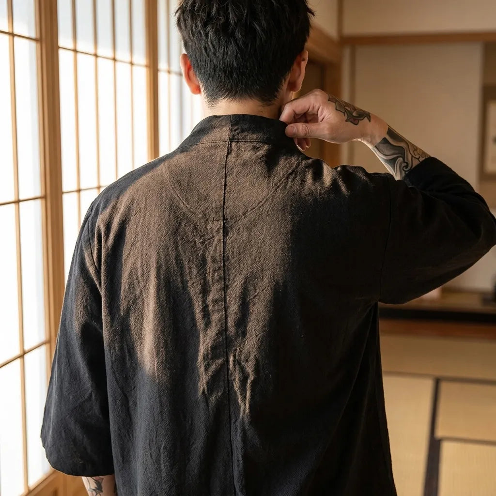 Chaqueta kimono japonesa negra vista de espaldas
