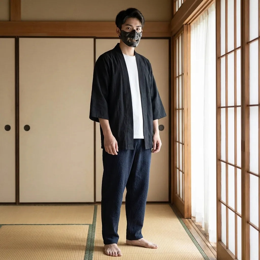 Chaqueta kimono haori negra detalle frontal