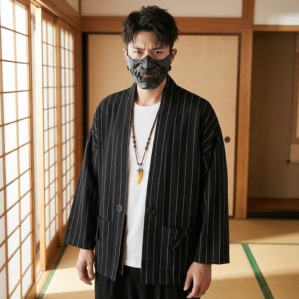 Hombre con un haori negro en una sala japonesa tradicional con puertas shoji, vista de cintura para arriba