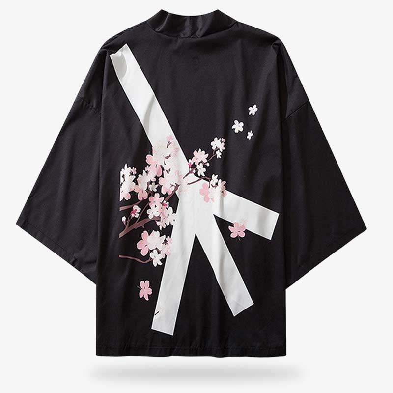 Chaqueta haori negra con estampado floral blanco y rosa de flores de sakura