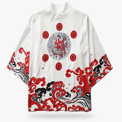 Chaqueta haori rojo estilo kimono con un gran estampado de demonio oni en la espalda y motivos japoneses tradicionales