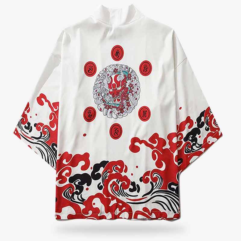 Chaqueta haori rojo estilo kimono con un gran estampado de demonio oni en la espalda y motivos japoneses tradicionales