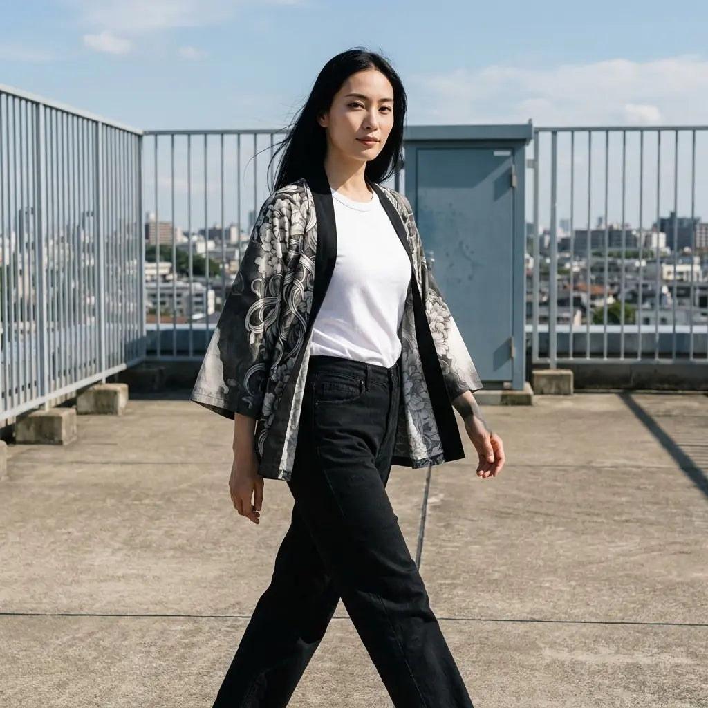 Haori oni mujer con estampado de olas y máscara sobre una azotea