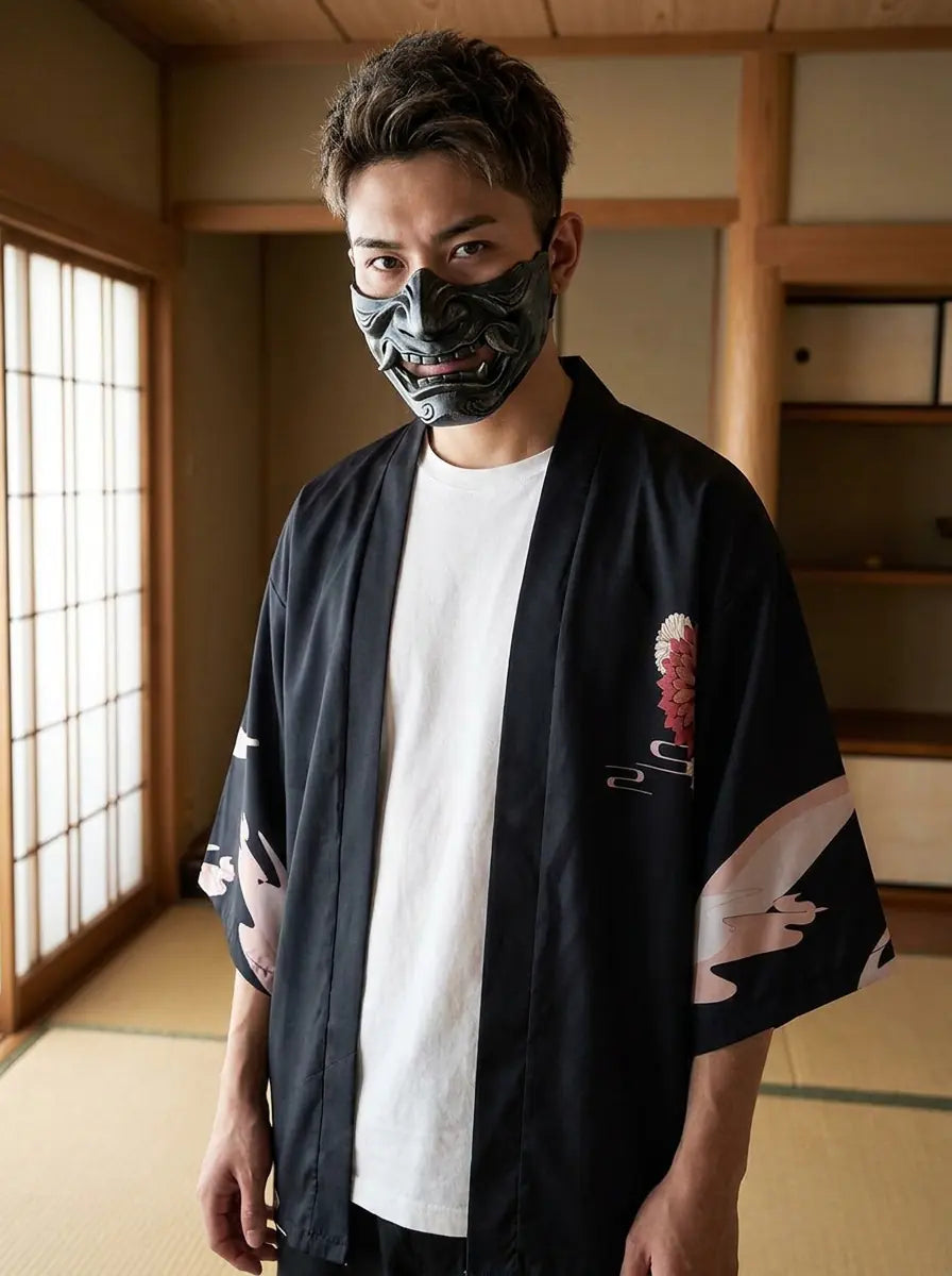 Hombre con un haori oni samurai en una sala washitsu japonesa con puertas shoji, vista de cintura para arriba