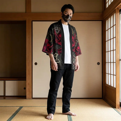 Hombre con un haori kimono yokai en una habitación washitsu tradicional, vista frontal