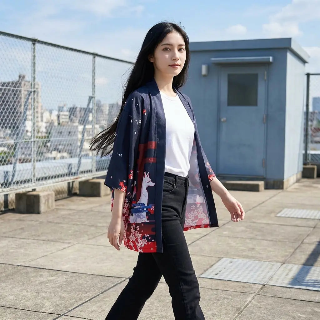 Haori con puertas torii repetidas en los paneles inferiores, fotografiado en una azotea