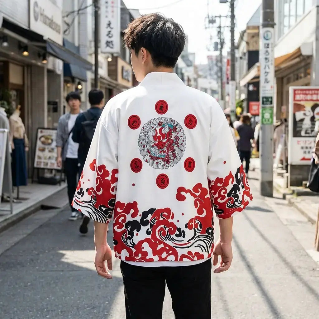 Haori Rojo llevado por un hombre en una habitación japonesa tradicional, vista frontal