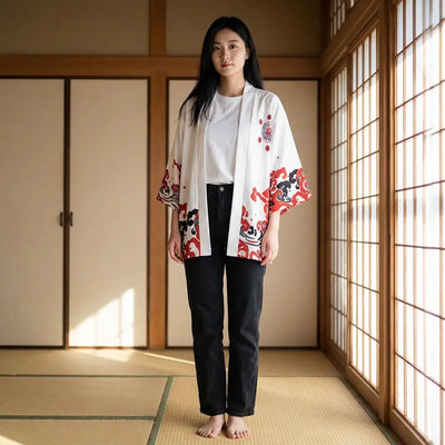 Mujer con un haori rojo en una habitación washitsu con tatami y paneles shoji