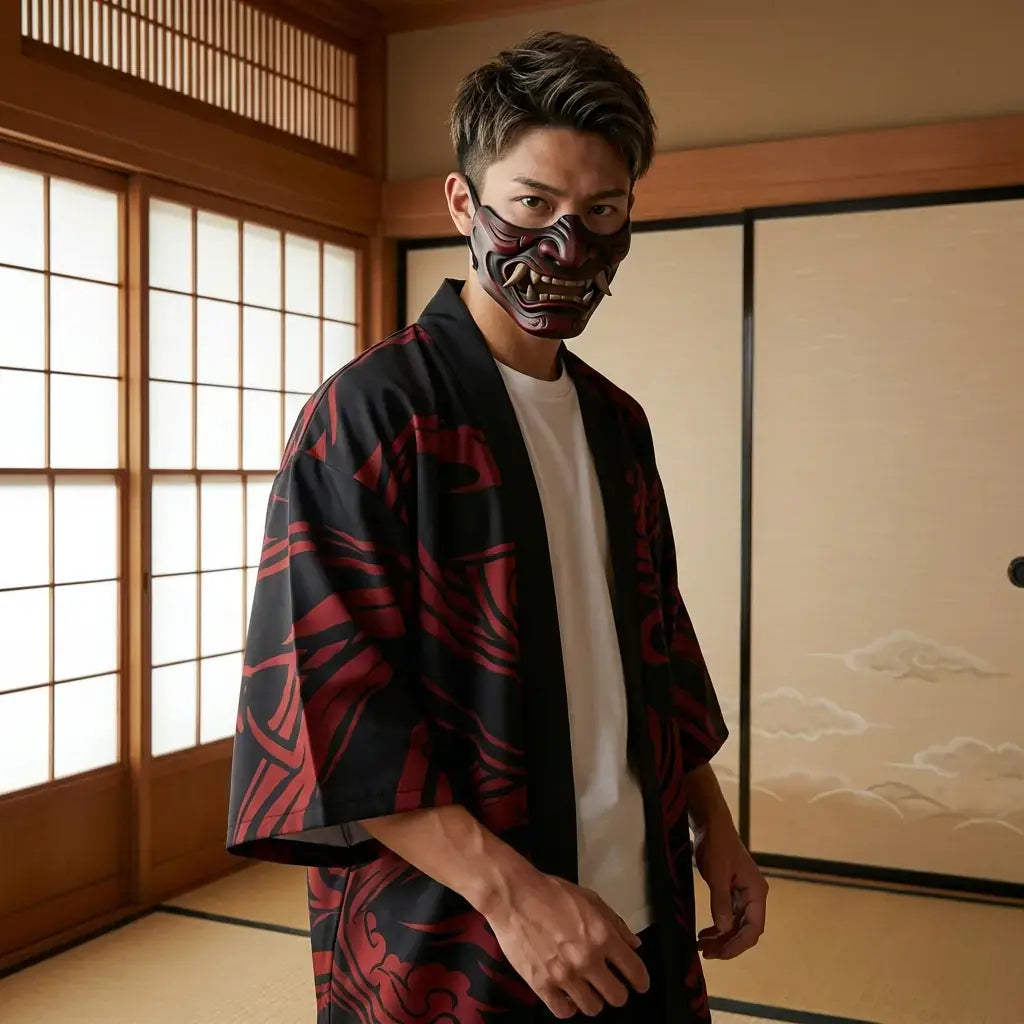Haori Rojo llevado por un hombre en una habitación japonesa tradicional, vista frontal