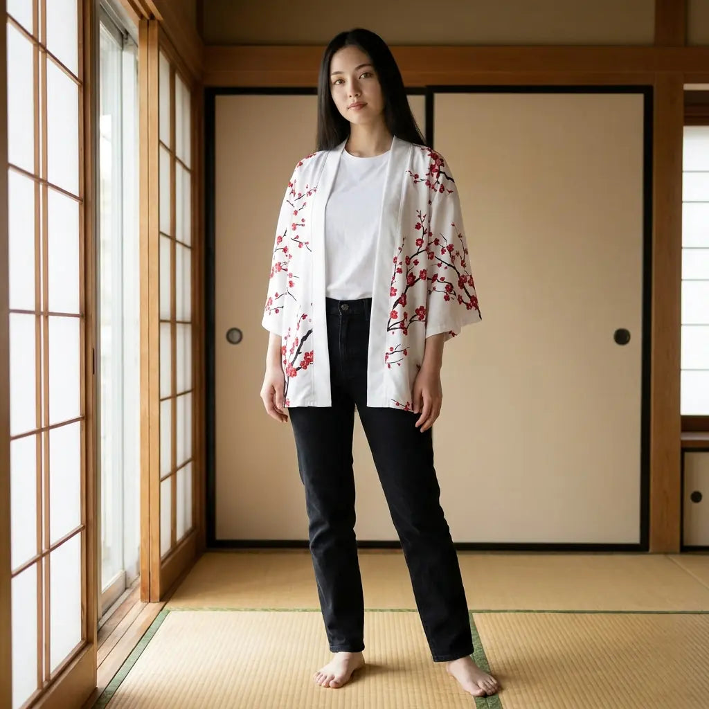 Haori sakura mujer en color crema con ramas de flor de cerezo roja, en una habitación de tatami