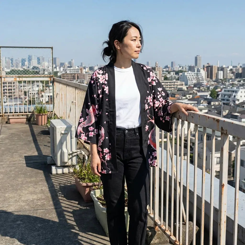 Haori sol rojo koi para mujer