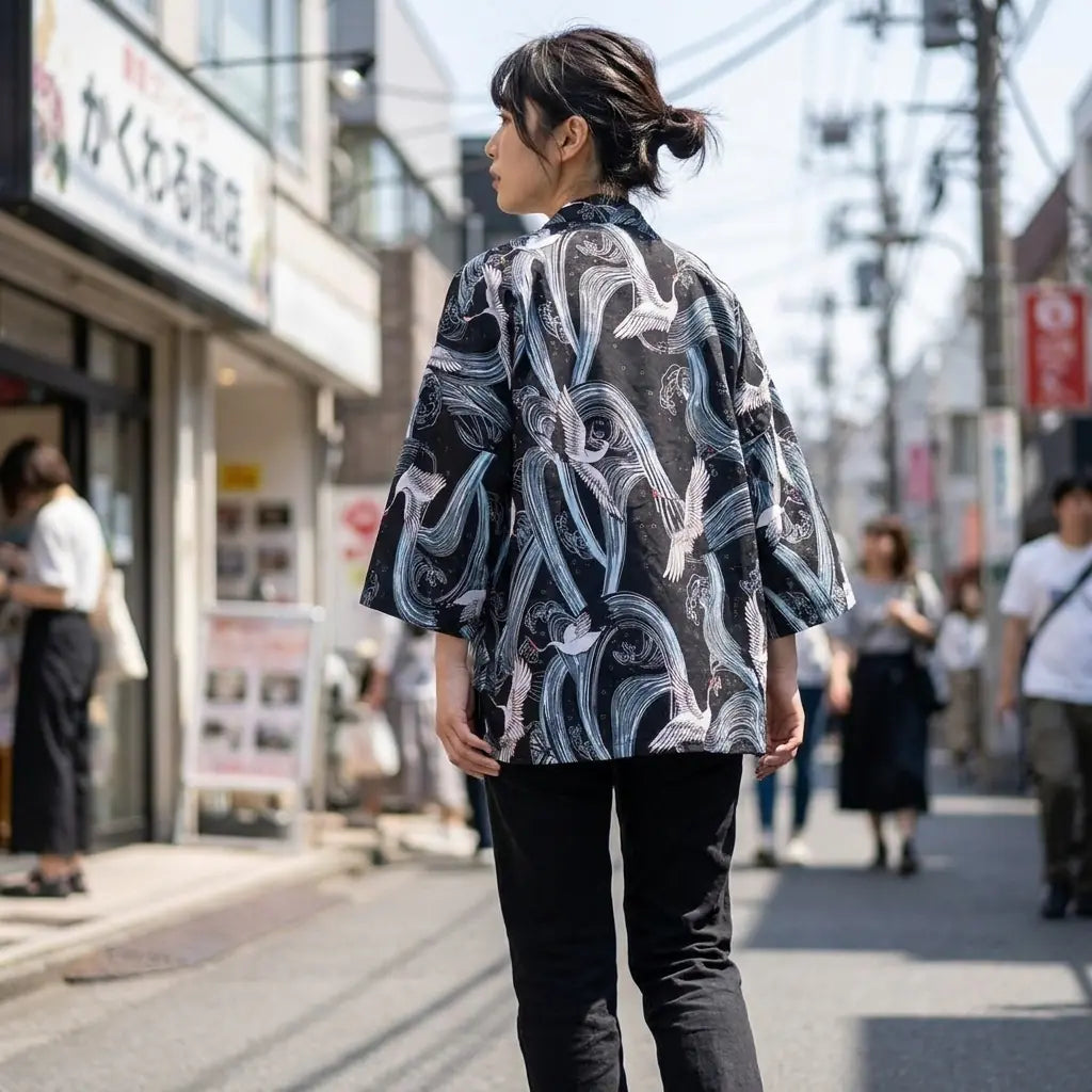 Mujer vista de espaldas con una chaqueta haori estilo kimono en una calle de Harajuku