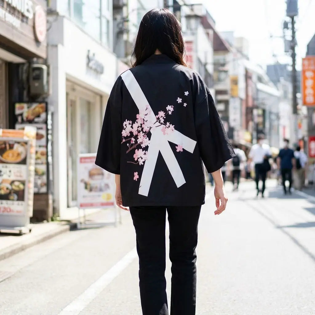 Mujer vista de espaldas luciendo un haori floral en una calle de Harajuku