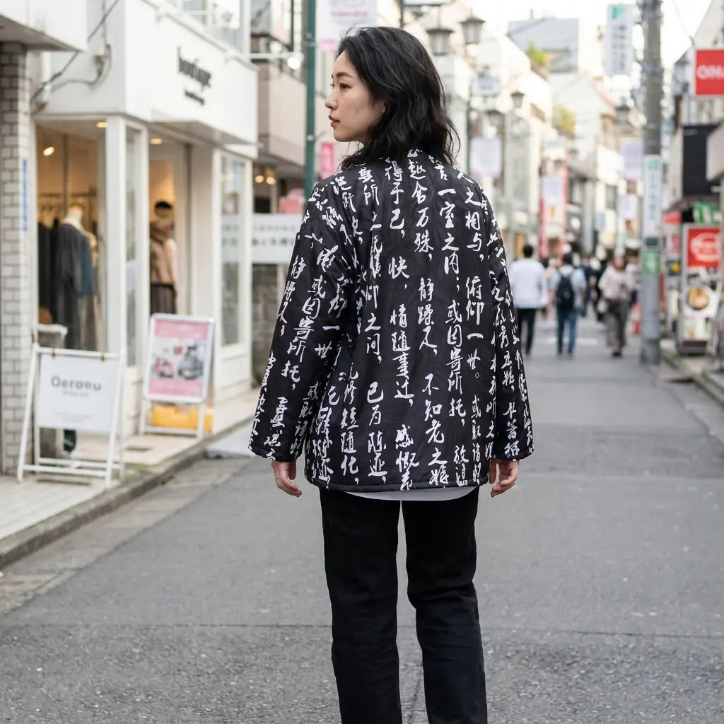 Mujer vista de espaldas con un haori streetwear en una calle de Harajuku