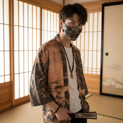 Hombre con un haori streetwear en una habitación japonesa washitsu, vista frontal