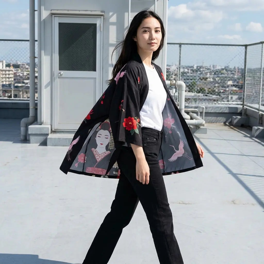 Haori ukiyo-e para mujer en color negro con retrato estampado y flores, sobre una azotea urbana