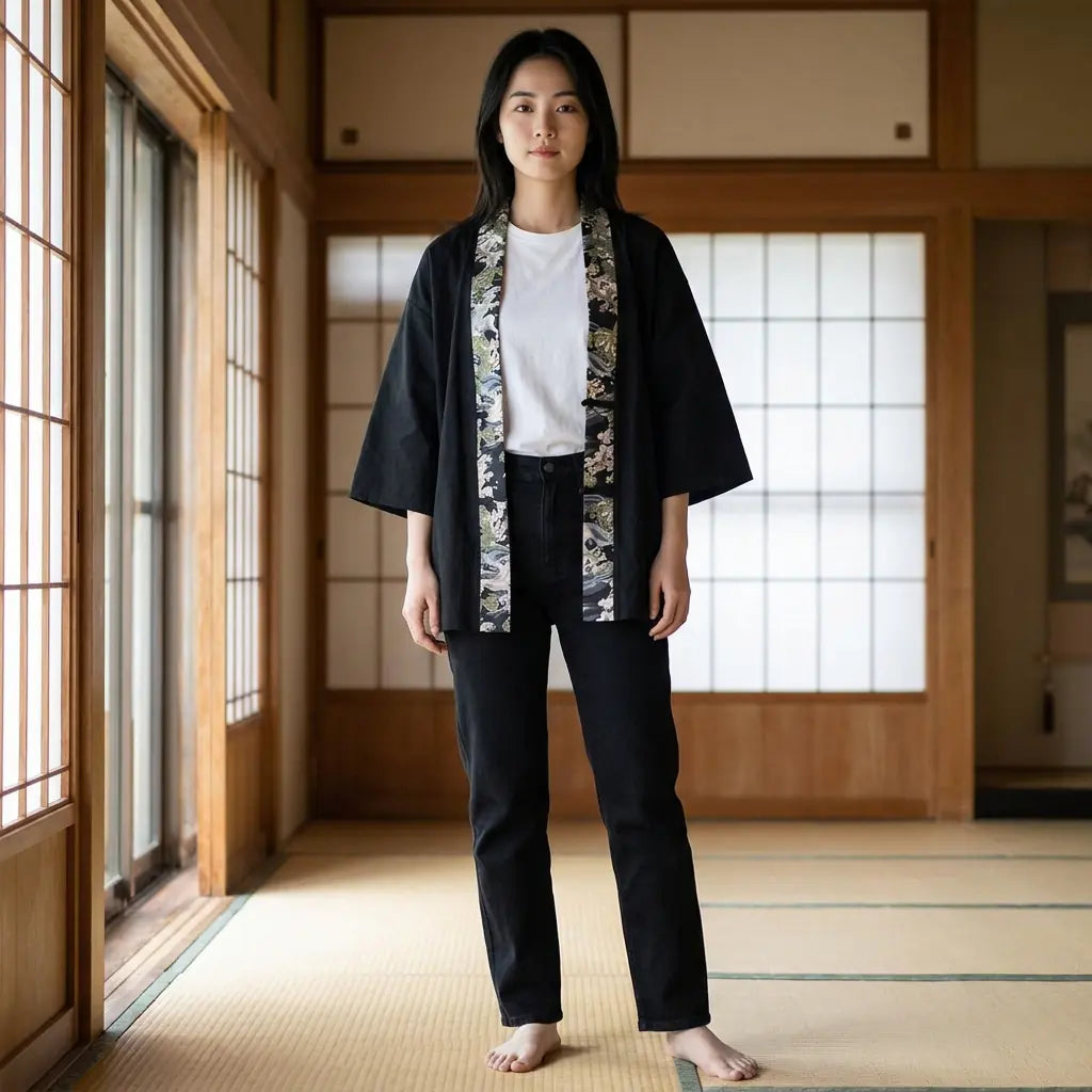 Mujer con un haori kimono japonés en una sala washitsu con tatami y paneles shoji