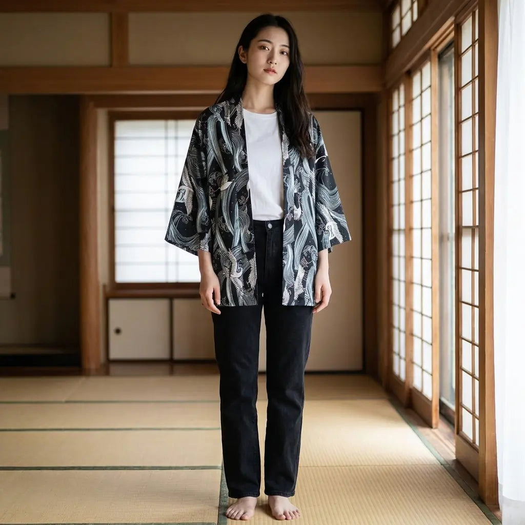 Mujer con una chaqueta haori estilo kimono en una habitación washitsu con tatami y shoji