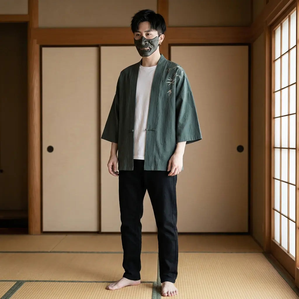Hombre con un haori verde bambú en una habitación tradicional japonesa, vista frontal