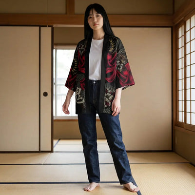 Mujer con un haori kimono yokai en una sala washitsu con tatami y paneles shoji