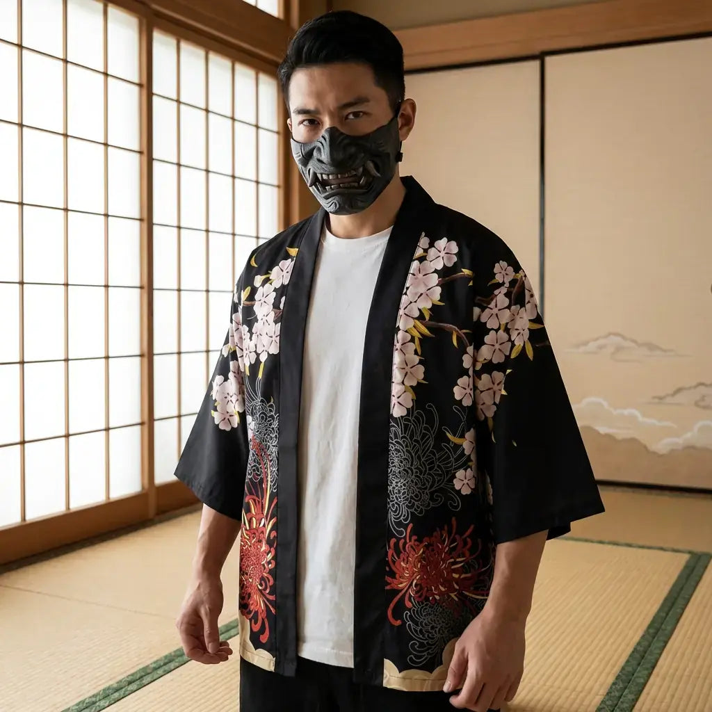 Harajuku Kimono llevado por un hombre en una habitación japonesa tradicional, vista frontal