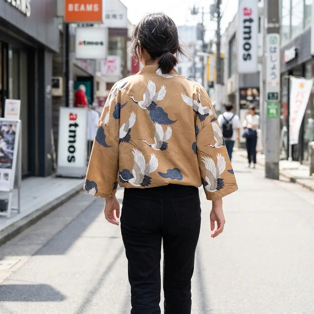 Mujer vista de espaldas con un harajuku kimono en una calle de Harajuku