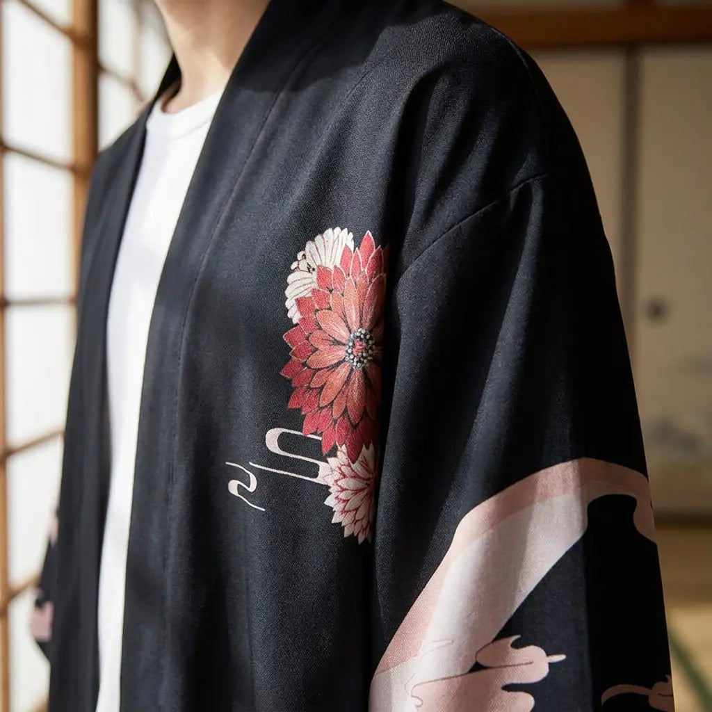 Detalle del tejido estampado y la manga de un haori estilo harajuku