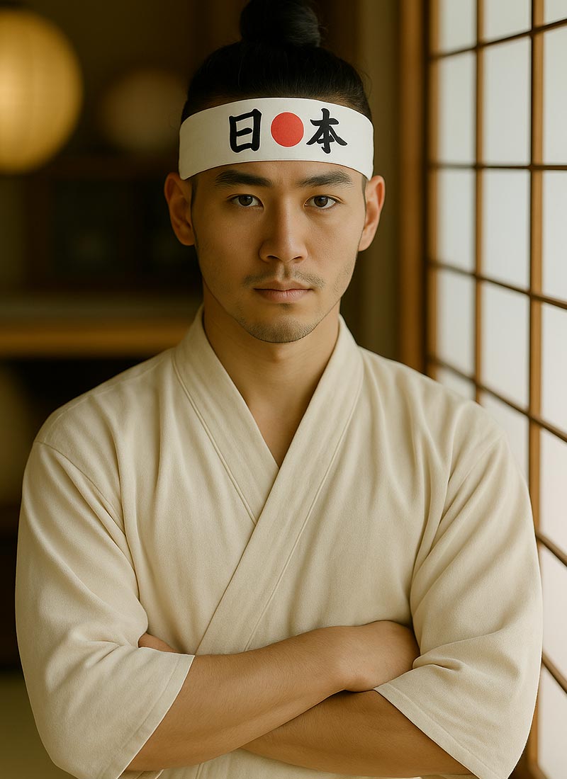 Hombre con hachimaki blanco con kanji japonés y vestimenta tradicional en una sala japonesa de tonos cálidos
