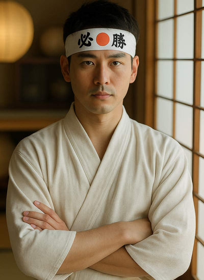 Hombre con uniforme kimono japonés blanco y cinta hachimaki hissho en una casa tradicional japonesa