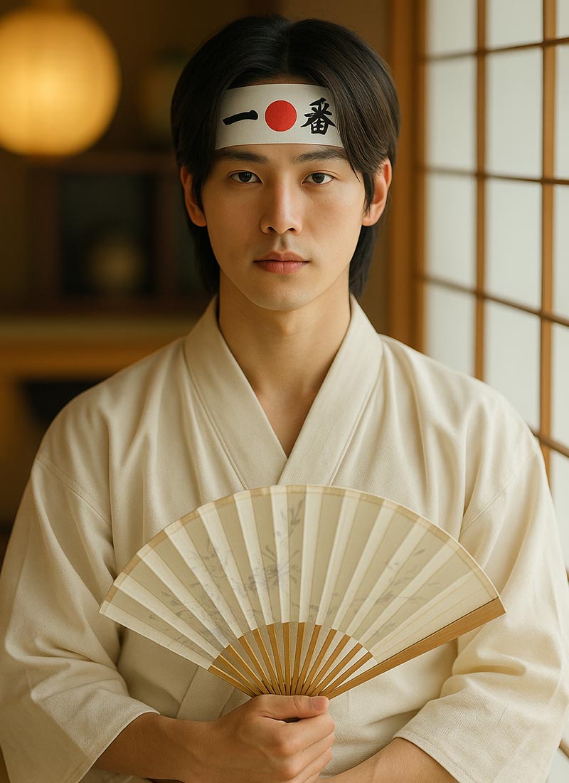 Persona con kimono tradicional japonés y abanico, luciendo un hachimaki ichiban en la cabeza, de pie en una casa tradicional japonesa