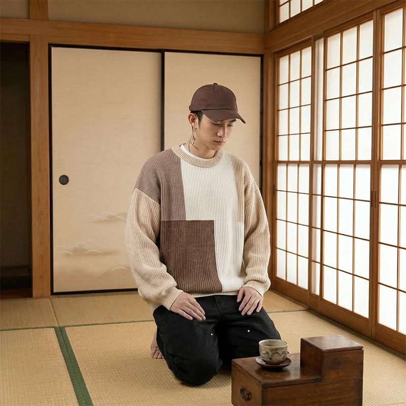 Hombre sentado en el suelo de tatami en una habitación japonesa tradicional con puertas correderas de madera, vistiendo una sudadera japonesa y un sombrero
