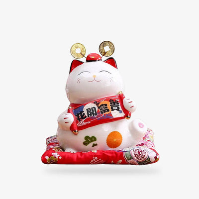Hucha de gato japonés Maneki Neko con pergamino makimono