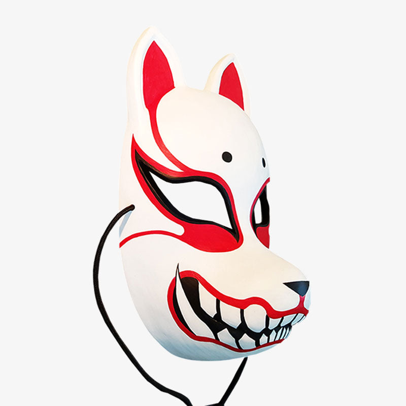japones mascara de zorro es una máscara de Kitsune demoníaco de color blanco y rojo. El demonio japonés sonríe mostrando los dientes y los colmillos. Material de alta calidad.