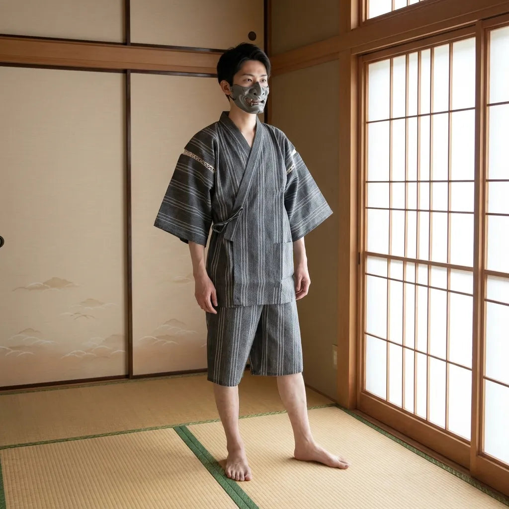 Jinbei japonés hombre visto de frente con chaqueta y pantalón corto