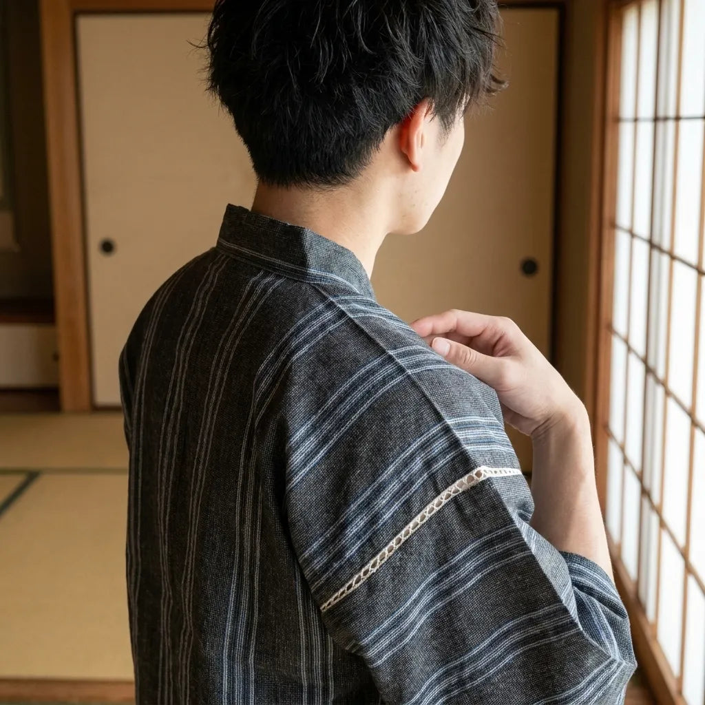 Jinbei japonés hombre visto de espaldas mostrando el corte tradicional