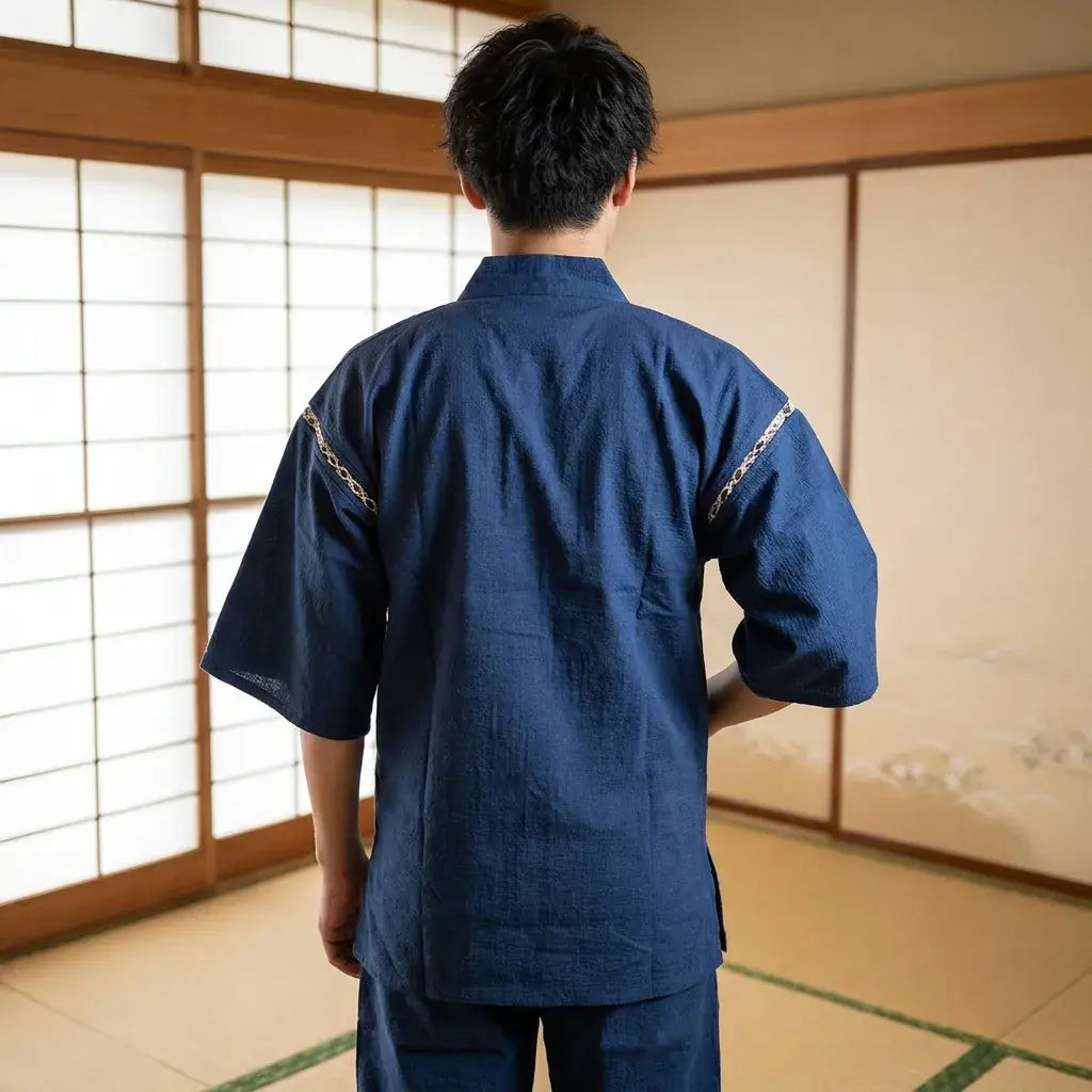 Jinbei tradicional hombre en plano, vista trasera